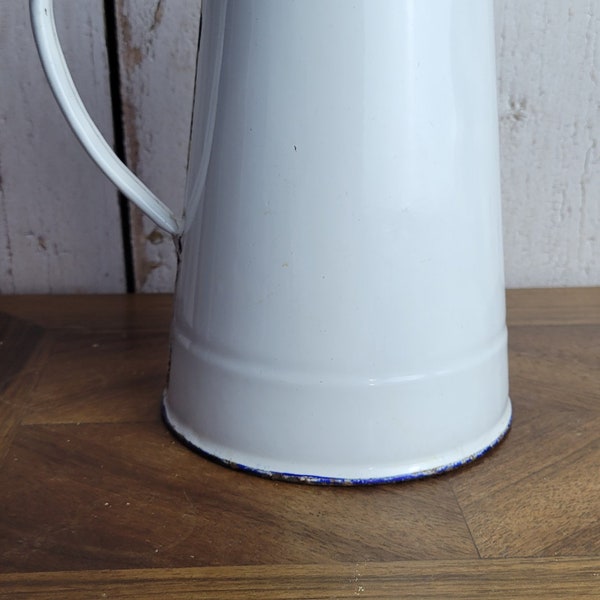 French enamel milk pitcher, white enamel jug, antique enamelware, milk jug, pitcher, enamelware