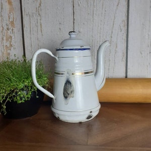 French enamel cafetiere, white enamel coffee pot,  rustic kitchen decor, kitchenalia  vintage enamelware