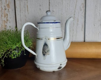 French enamel cafetiere, white enamel coffee pot,  rustic kitchen decor, kitchenalia  vintage enamelware