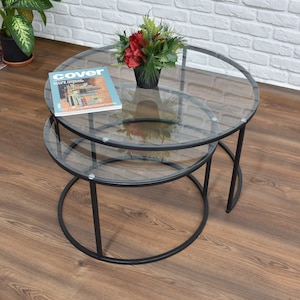 Glass-topped Coffee Table , Modern Center Table SET of 2 , Unbreakable Glass Circle Coffee Tables Luxury Living Room Interior Decoration