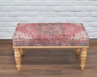 Handcrafted Wooden Upholstered Bench - Footstool - Ottoman - Authentic Turkish Rug Bench - Boho Accent Chair - End of Bed Bench for Entryway