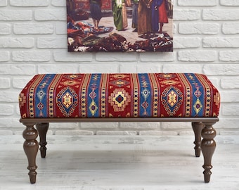 Kilim Bench / handmade wood bench / dining bench / dining table seat / upholstered chair / rug bench / piano bench / boho bench