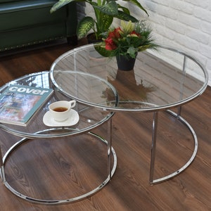 Elegant Large Coffee Tables, SET OF 2, Unbreakable Glass Table Top on Silver Plated Metal Legs, Nesting Tables, Living Room Accent Tables