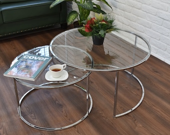 Elegant Large Coffee Tables, SET OF 2, Unbreakable Glass Table Top on Silver Plated Metal Legs, Nesting Tables, Living Room Accent Tables