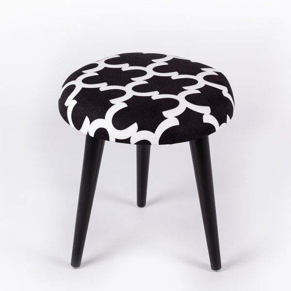 Reposapiés tapizado, Reposapiés, Puf, Puf, Marroquí, Silla de estar tapizada con patrón marroquí negro, Taboret, Tabouret, Silla de maquillaje