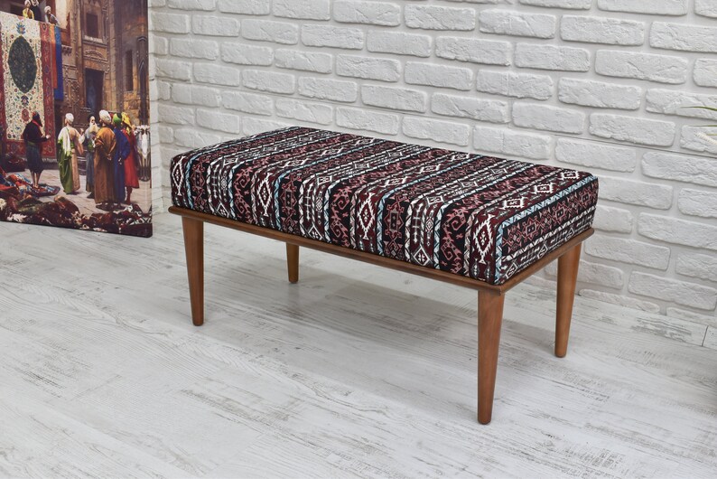 Handmade bench, Wood Entryway bench, ottoman bench, upholstered bench, hallway bench, Mid century modern entryway bench, walnut dye bench image 3