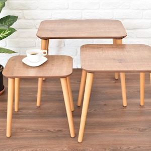 Coffee Table Set ( 3 pcs ) - Wooden Coffee Table - Mid Century Modern Furniture - Modern End Table - Bedside Living Room Modern Side Table