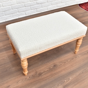 Handmade Ottoman Upholstered Stool, Piano Bench Seat, Wooden Furniture, Stool With Genuine White Teddy Fabric, Versatile Stool,