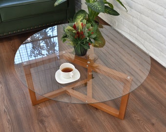 Glass Coffee Table w/ Natural Walnut Wooden Base in Unique Design, Modern Accent Table, Top Quality Unbreakable Glass Center Table