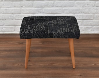 Small Ottoman Stool - Vanity Chair - Wooden Stool Upholstered with Black Fabric - Entry Bench - Footstool - Accent Chair Furniture Handmade