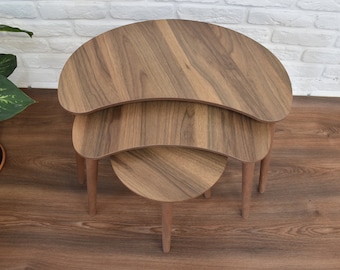 Mesa de centro com pernas de madeira natural em estilo moderno, mesas de encaixe para sala de estar, mesas de centro de formato exclusivo, mesa lateral, conjunto de 3