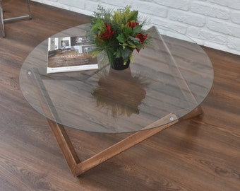 Tables basses rondes en bois massif de noyer avec plateau en verre incassable, rustique - milieu du siècle - meubles modernes faits main, cadeau pour la maison