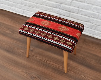 vanity stool, handmade footstool, upholstered bench, handmade furniture, patio furniture, small ottoman chair, kilim bench