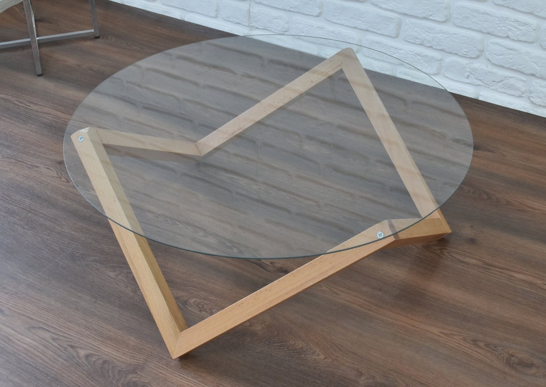 Round Coffee Table, Modern Glass Coffee Table W/ Natural Wooden Base ...