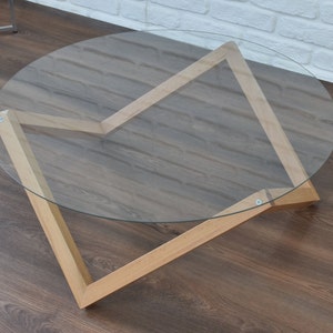 Round Coffee Table, Modern Glass Coffee Table w/ Natural Wooden Base, Center Table for living room, Farmhouse Coffee Table, Solid Wood Table