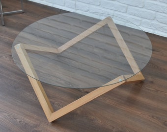 Table basse ronde, table basse moderne en verre avec base en bois naturel, table centrale de salon, table basse de ferme, table en bois massif