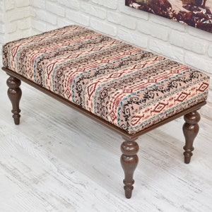 FOOTSTOOL ottoman bench upholstered in kilim pattern turkish rug fabric, COMFORTABLE VERSATILE wood work furniture entryway bedroom dining