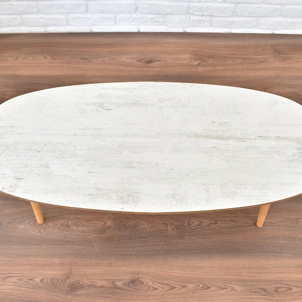 White coffee table in wood country style, oval table, living room furniture, farmhouse table, Wood Center Table, tea table, ellipse table