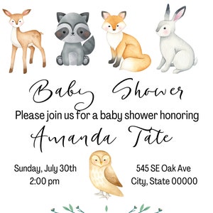 Woodland creature baby shower invitation