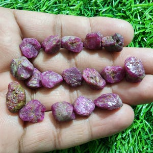 May include: A collection of rough, uncut ruby gemstones in varying shades of pink and red. The gemstones are held in a hand, showcasing their natural, irregular shapes and textures. The background is a vibrant green.