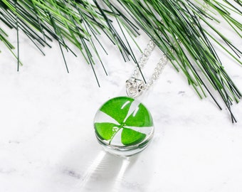 REAL CLOVER NECKLACE - Four Leaf Clover Necklace - Lucky Necklace - Glass Globe Necklace - St. Patrick's Day Necklace - Festive Necklace