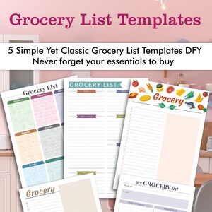 5 Stylish Grocery Shopping List PRINTABLE Templates, Modern Classic Meal Planner, Personalized Daily Funky Shopping List