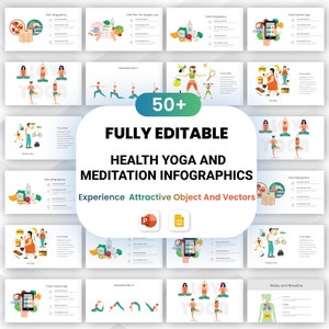 Puede incluir: Un conjunto de más de 50 infografías sobre salud, yoga y meditación totalmente editables. Las infografías presentan ilustraciones coloridas de personas practicando yoga, meditando y comiendo alimentos saludables. El texto "Experience Attractive Object And Vectors" se muestra en el centro de la imagen.
