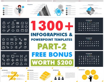 1300+ Infographics Fully Editable Modern Clean Professional PowerPoint Templates Complete Slides Bundle Pack Part 2 + BONUS - 7000+ HD Icons