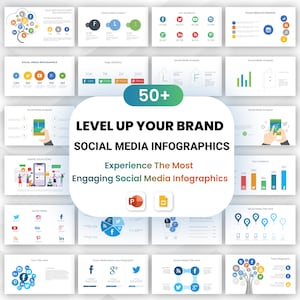 May include: A collection of 50+ social media infographic templates for PowerPoint and Google Slides. The templates feature colourful icons representing popular social media platforms, such as Facebook, Twitter, Instagram, YouTube, Pinterest, LinkedIn, and more. The text "Level Up Your Brand" and "Social Media Infographics" is displayed in a large font.