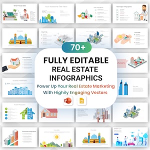 Puede incluir: Una colección de más de 70 plantillas de infografías inmobiliarias totalmente editables. Las plantillas presentan ilustraciones coloridas de casas, ciudades y personas. El texto "Power Up Your Real Estate Marketing With Highly Engaging Vectors" se muestra en el centro de la imagen. El texto "70+ Fully Editable Real Estate Infographics" se muestra encima del texto "Power Up Your Real Estate Marketing With Highly Engaging Vectors".