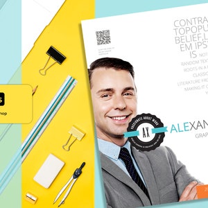 May include: A blue and white resume template with a photo of a man smiling. The text on the resume reads "Contrary to popular belief, lorem ipsum is not simply random text. It has roots in a piece of classical Latin literature from 45 BC, making it over 2000 years old." and "Alexander Graphic & Web Designer".