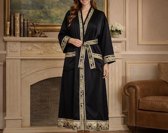 Baroque Print Silk Satin Kimono Robe Set – Long Bridal Lounge Nightgown