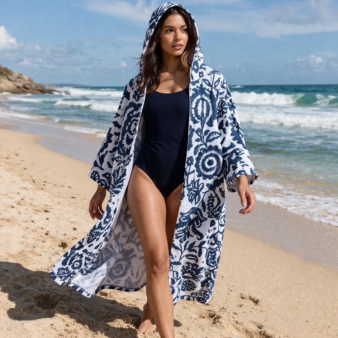 One Zipper Quick Dry Hooded Beach Poncho Towel, Surf Bathrobe Cape, Outdoor Swim ...