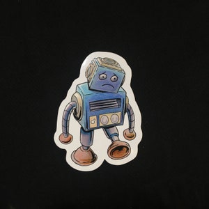 May include: A blue and yellow robot with a sad face. The robot has a rectangular body with a grill and two round buttons. The robot has two arms and two legs. The robot is standing on a white background.