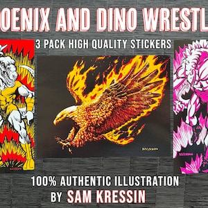 Zestaw 3 naklejek Phoenix i Dino Wrestler Wysokiej jakości sitodrukowa naklejka wodoodporna z tuszem brokatowym dla fajnego zestawu naklejek z dinozaurami