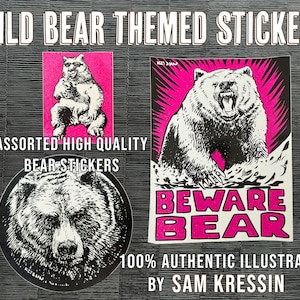 Lot de 3 autocollants sur le thème de la forêt, grizzlis et encre scintillante pour la faune et le camping, autocollants imperméables sérigraphiés de haute qualité