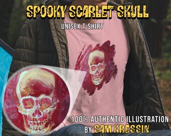 Dark Scarlet Skull T-Shirt, Gruseliges Halloween Grafik Shirt
