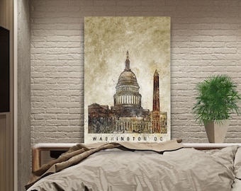 Washington DC watercolor canvas art prints, Washington skyline wall art, Washington poster, Washington artwork for wall decoration