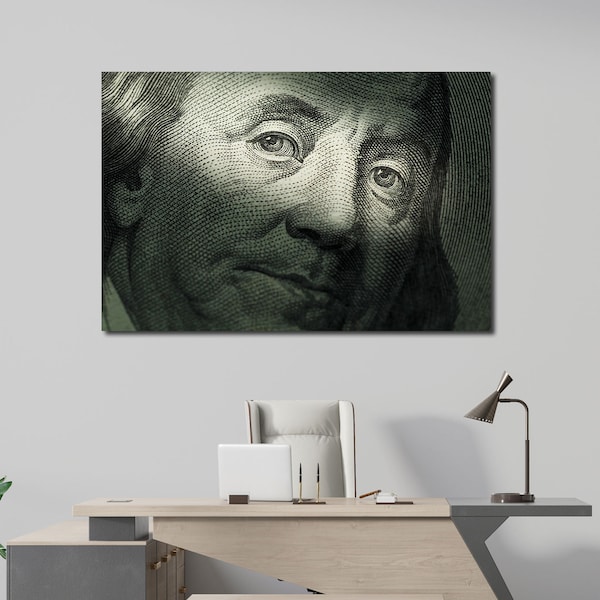 Familiar Look of Benjamin Franklin from Hundred Dollars Black and White Art with a Portrait of Benjamin Franklin Popular Office Wall Decor