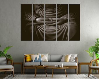 Hands of Buddha Statue Close Up Black and White Photography of Buddha Statue on Large Canvas Popular Religious Image for Home Wall Decor