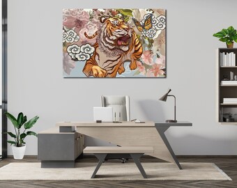 Abstract tiger wall art canvas set Japanese minimalist wall art Living room decor Zen canvas wall decor Buddhism symbol art Office decor