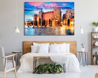 Colorful Barcelona wall art canvas set, Barcelona art for living room, Placa Nova canvas prints art, Barcelona wall decor canvas set