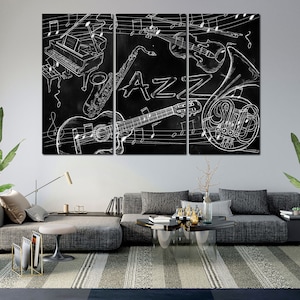 May include: A black and white triptych canvas wall art set featuring a musical theme. The artwork depicts a piano, saxophone, guitar, violin, and french horn with musical notes on a black background.