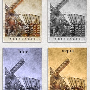 May include: A vintage-style illustration of a windmill in Amsterdam, Netherlands. The image is available in four color variations: original, black and white, blue, and sepia.