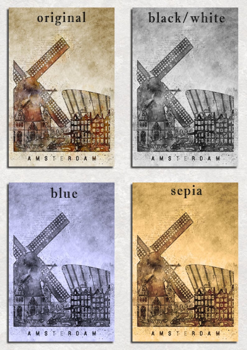 May include: A vintage-style illustration of a windmill in Amsterdam, Netherlands. The image is available in four color variations: original, black and white, blue, and sepia.
