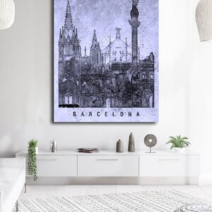 May include: A black and white illustration of the Barcelona skyline with the text "BARCELONA" at the bottom. The illustration is on a light purple background.