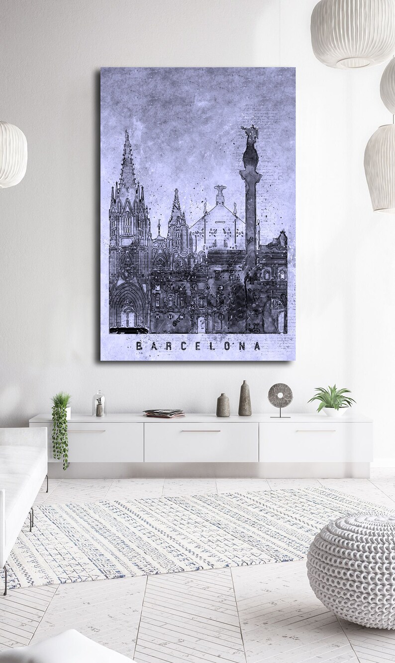 May include: A black and white illustration of the Barcelona skyline with the text "BARCELONA" at the bottom. The illustration is on a light purple background.