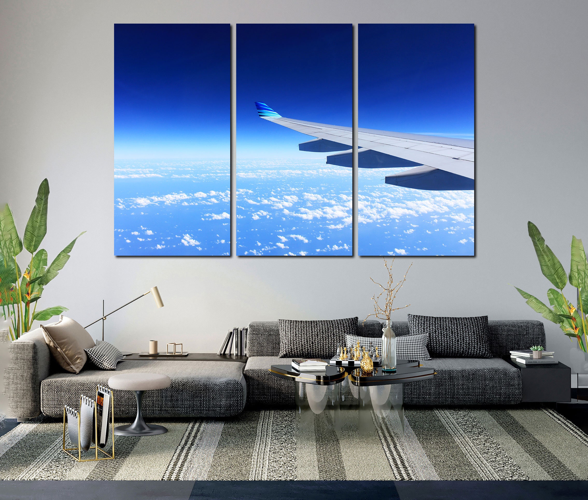 Beautiful View over Blue Skyline with Airplane Awesome Bright Picture for Original Decoration Wall in House  Amazing View Very High in Sky