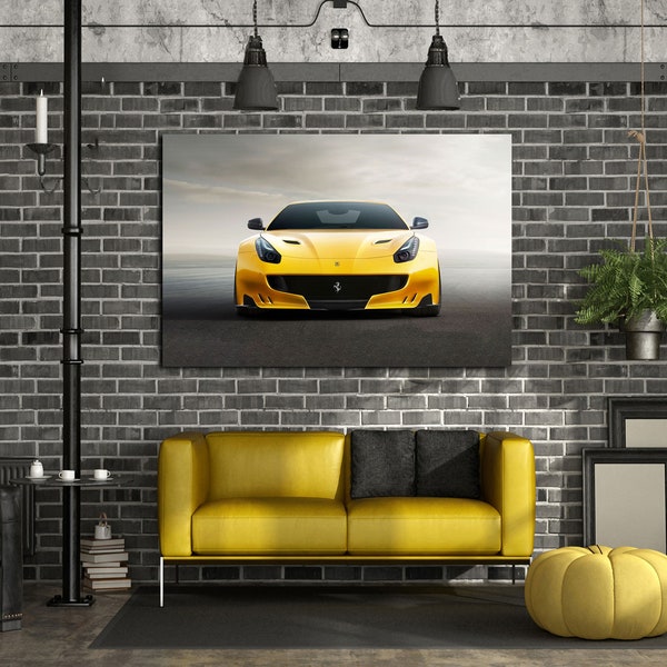 Beautiful Yellow Ferrari F12 on Large Canvas Set Popular Presents with Ferrari F12 on High Prints Original Big Wall Decor with Ferrari F12