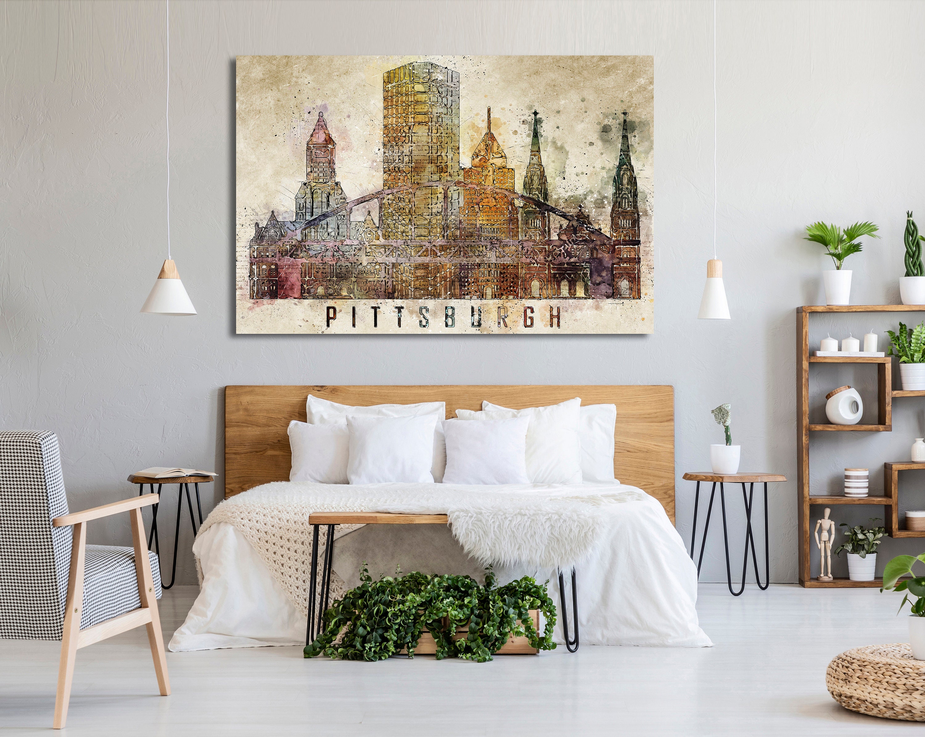 Pittsburgh Watercolor Canvas Set Wall Art Pittsburgh Skyline Living